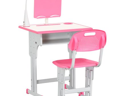 Easycomfort Banco Scuola con Sedia per Bambini 6-12 Anni Altezza Regolabile, Lampada LED, Leggio e Portapenne, Acciaio e MDF, Rosa Online now