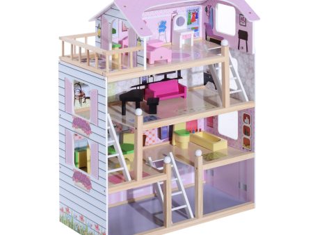 Easycomfort Casa delle Bambole per Bambini 3+ Anni in Legno di Pino e MDF a 4 Piani con 13 Accessori, Rosa, 60x30x80 cm Discount