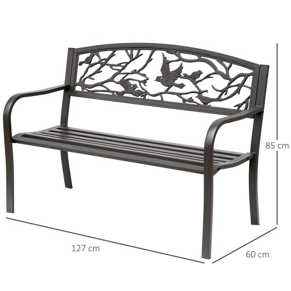 Easycomfort Panchina da giardino Impermeabile Acciaio e Ghisa per Esterni, Schienale con Decorazioni Motivo Naturale, 127x60cm, Marrone Online Hot Sale