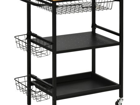 Easycomfort Carrello da Cucina a 3 Livelli con 2 Ruote, Cesto Estraibile e Vassoio, 75x43.5x91 cm, color Legno e Nero Fashion