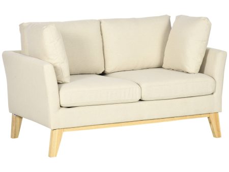 EasyComfort Divano da 2 Posti in Legno di Eucalipto e Tessuto Effetto Lino con 2 Cuscini, 137x78x78 cm, Beige For Cheap