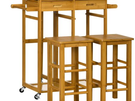 Easycomfort Carrello da Cucina con Tavolino Pieghevole e 2 Sgabelli, Ruote e Cassetti in Legno di Bambù Cheap