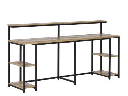 Easycomfort Scrivania Doppia con Scaffali e Mensola per Monitor in Stile Industriale, Scrivania con Libreria Salvaspazio per Ufficio e Studio in Metallo e MDF, 200x53x100cm, Nero Marrone Cheap